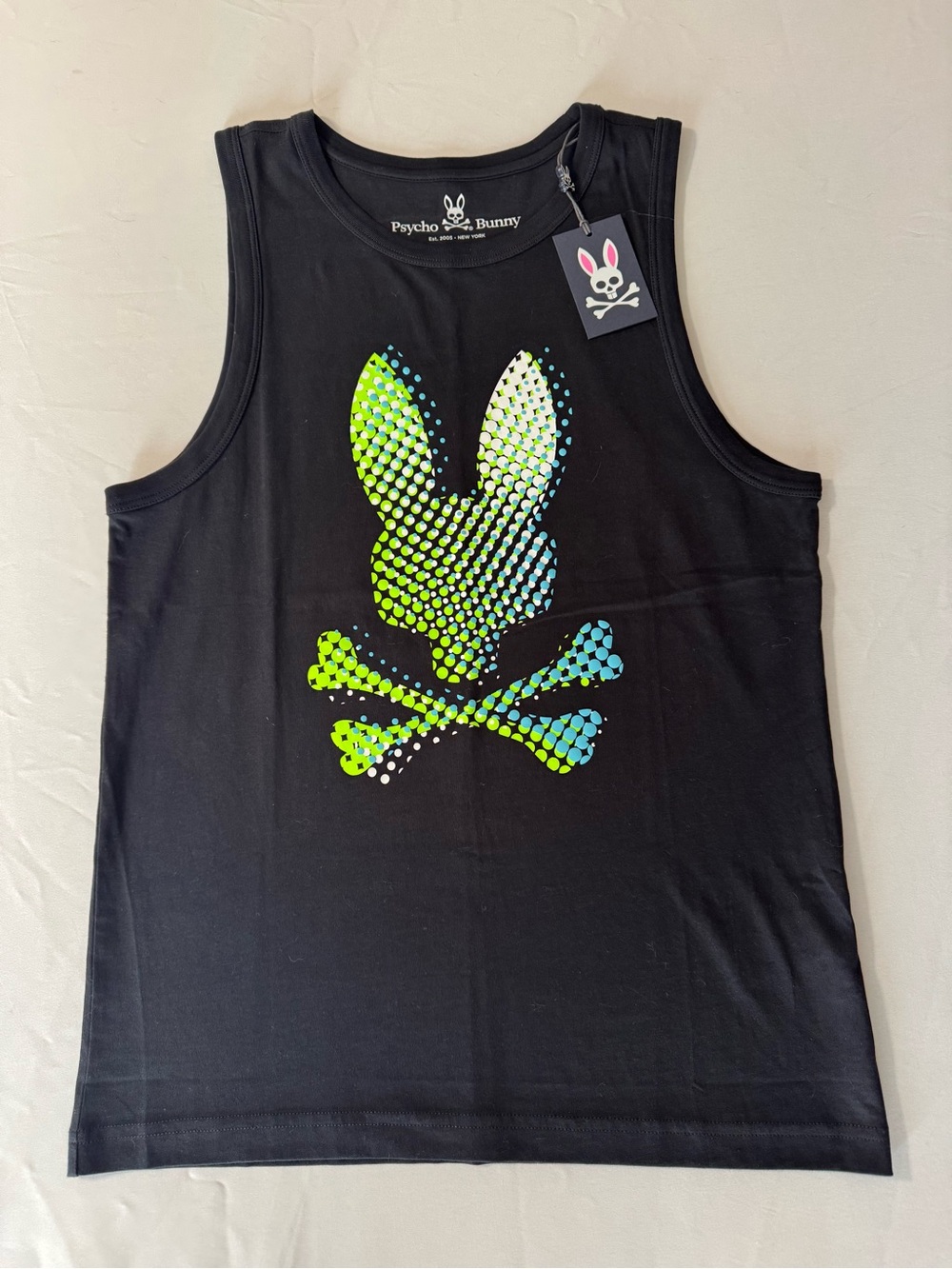 Psycho Bunny Mens Black Sleeveless Tank with Neon Bunny Skull